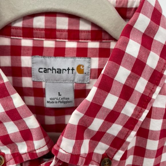 Carhartt Men's Checkered Long Sleeve Button Down Size Large L Red & White - Picture 2 of 7